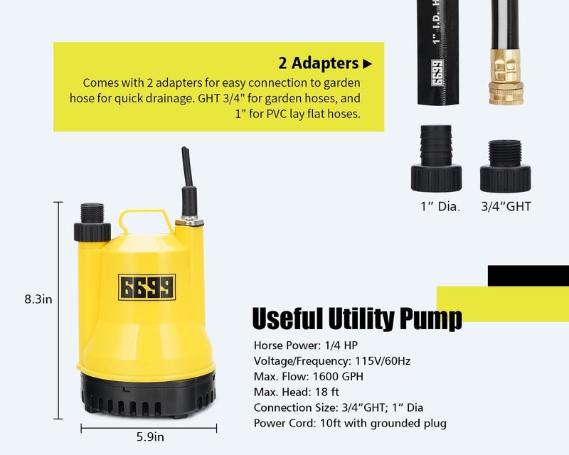 6699 Submersible Water Pump 1/4 HP 1600GPH Thermoplastic Utility Pump Electric Portable Transfer Water Pump with 10-Foot Cord for Pool Tub Garden Pond Draining - Image 4